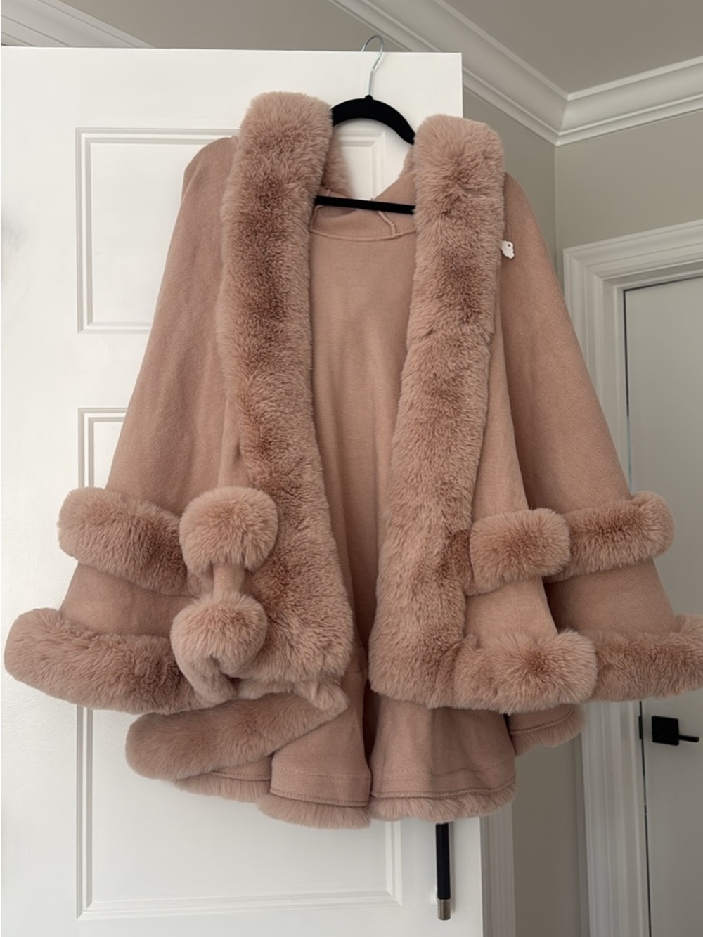 Plush Faux-Fur Trim Cape Coat in Blush